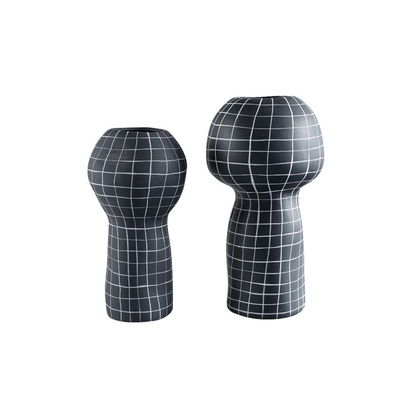 Geometric Grid Black Vase