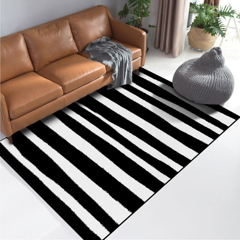 Black and White Striped Polyester Rugs - HOMYEA