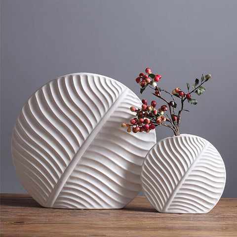 Simple White Leaf Ceramic Vases - HOMYEA