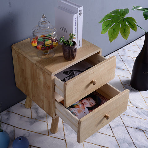 Double Drawer Small Wood Nightstand - HOMYEA