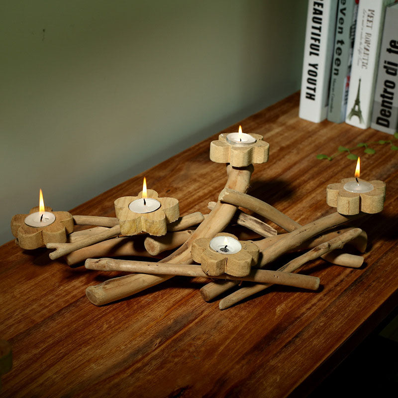 Wooden Idyllic Floral Candlestick Stand - HOMYEA