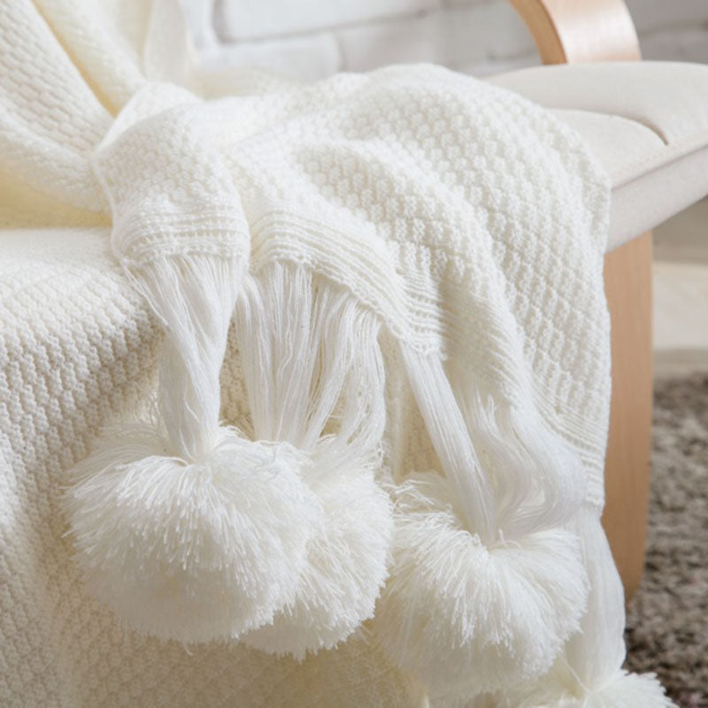 Knitted Rectangular Fringe Lace Blanket - HOMYEA