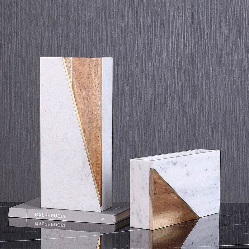 Simple Marble Creative Wood White Stone Vases - HOMYEA