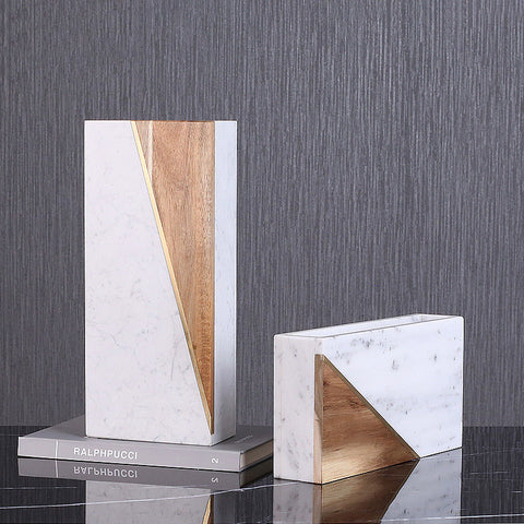 Simple Marble Creative Wood White Stone Vases - HOMYEA