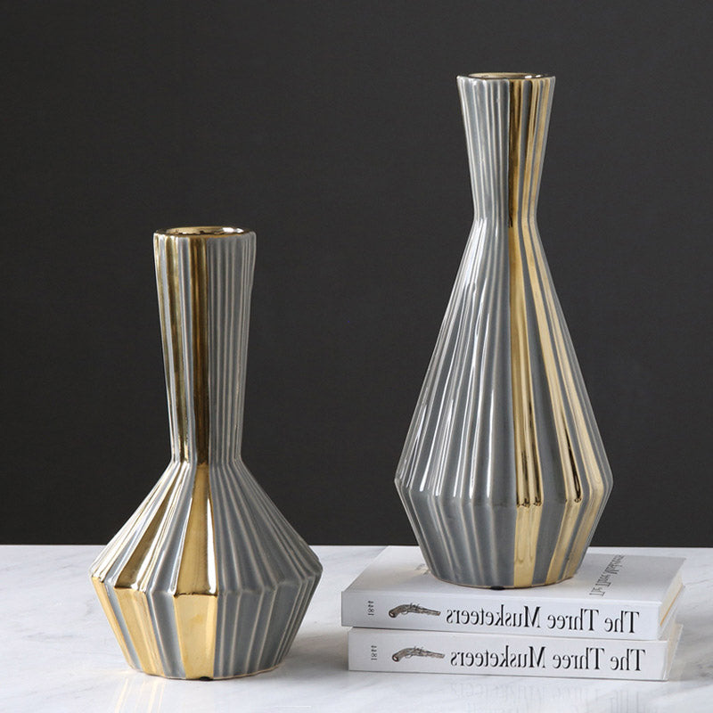 Simple Ceramic Gray Gold Geometric Vases - HOMYEA