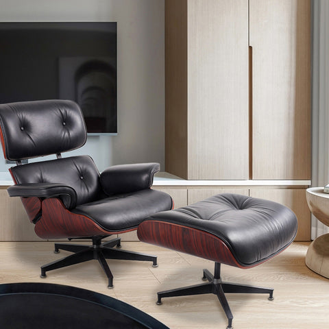 Classic Black Leather Eames Lounge Chair- Only Available for Buyers in USA - HOMYEA