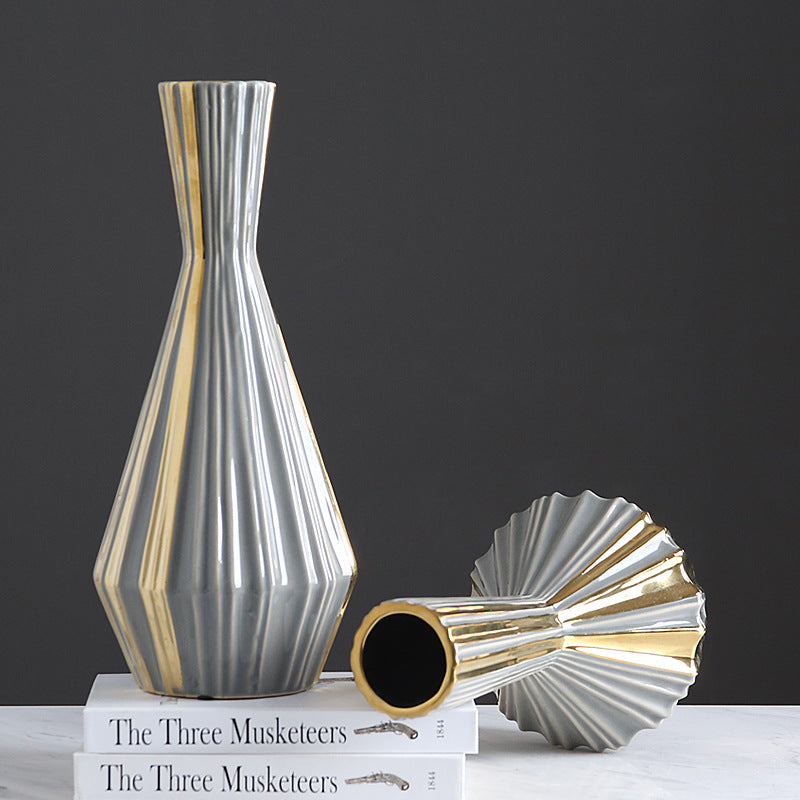 Simple Ceramic Gray Gold Geometric Vases - HOMYEA