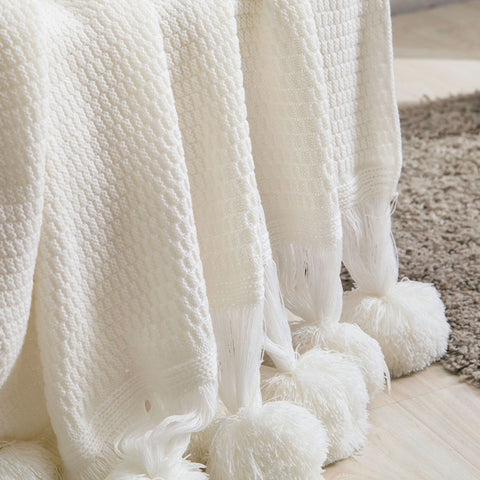 Knitted Rectangular Fringe Lace Blanket - HOMYEA