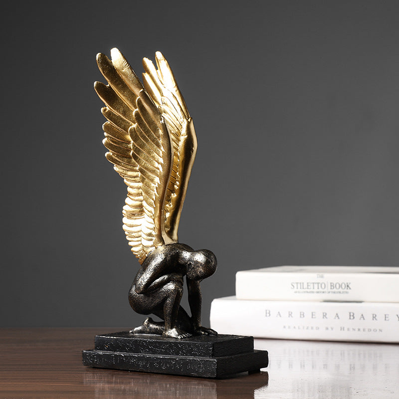 Single Wing Black Gold Angel Sculpture Decoration - HOMYEA