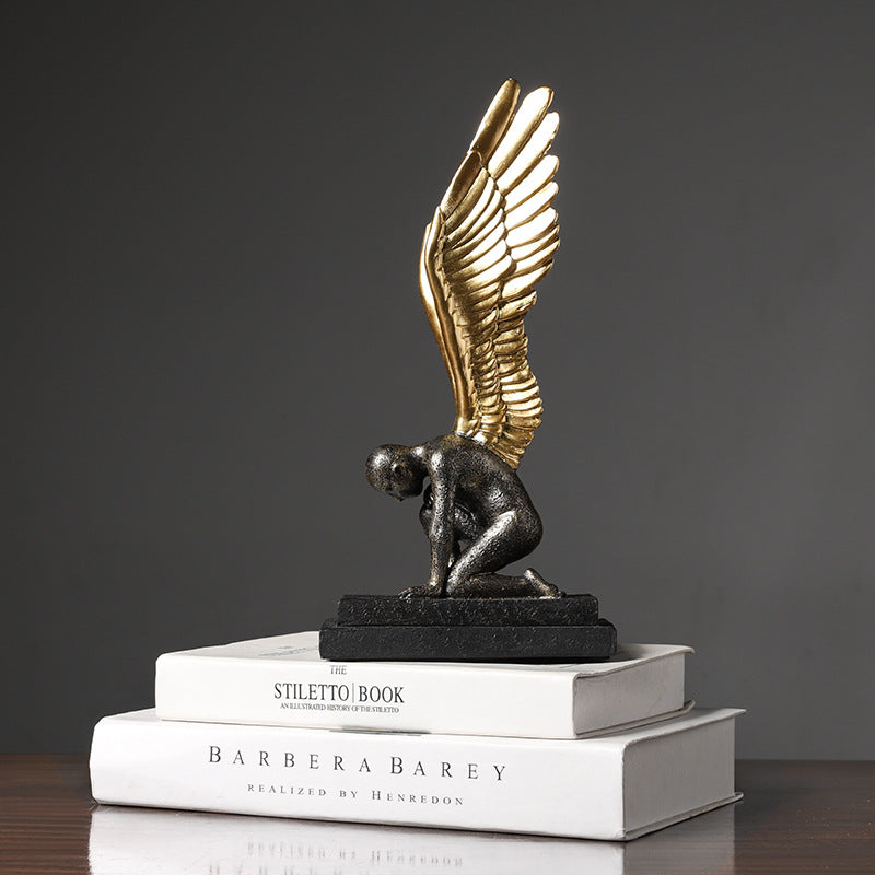 Single Wing Black Gold Angel Sculpture Decoration - HOMYEA