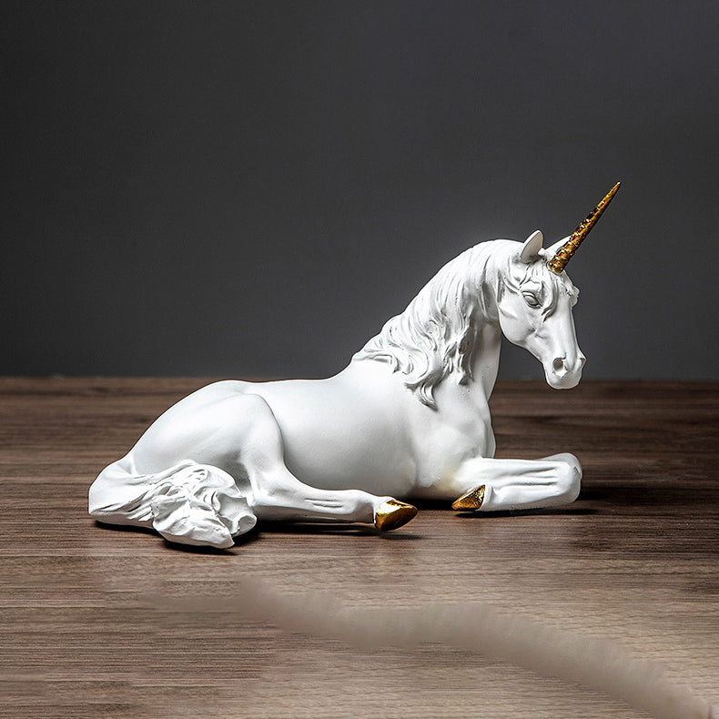 Lying White Unicorn with Gold Horn Sculpture - HOMYEA