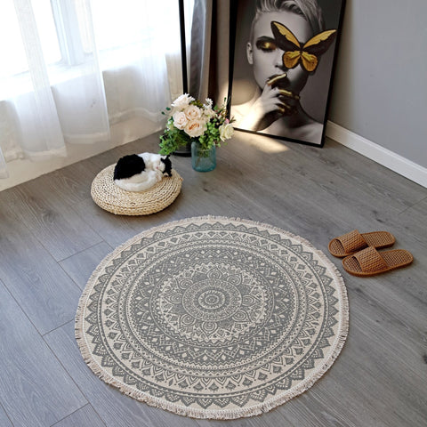 Printed Cotton Thread Braided Round Carpet - HOMYEA