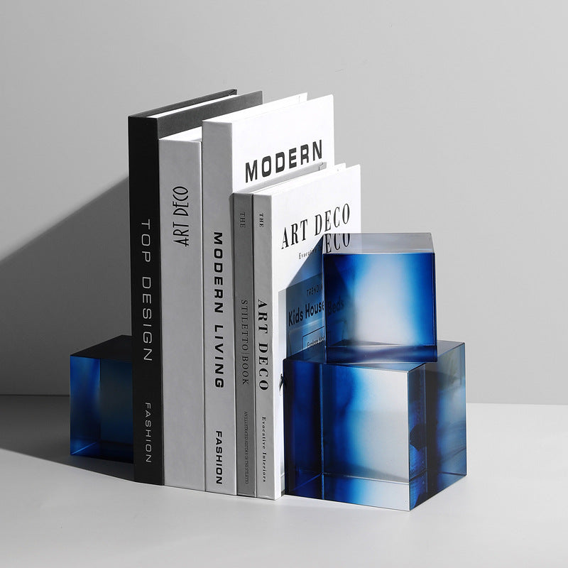 Geometric Blue Crystal Cube Bookends - HOMYEA