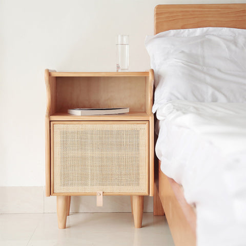 Beige Wooden Rattan Nightstand - HOMYEA