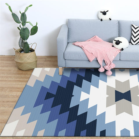 Blue And Grey Geometric Polyester Rugs - HOMYEA