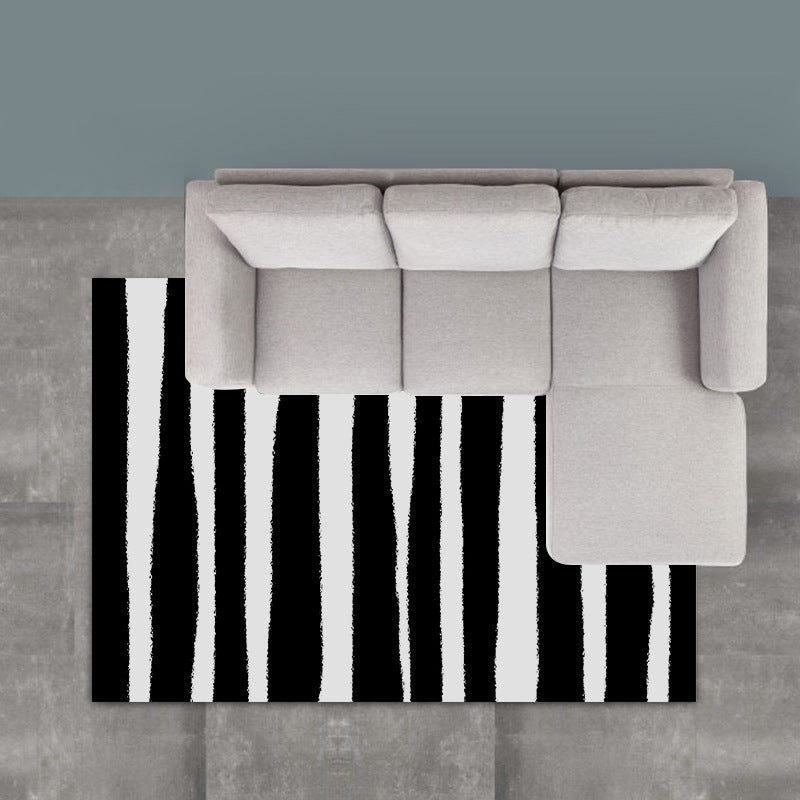 Black and White Striped Polyester Rugs - HOMYEA