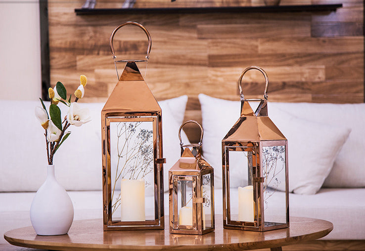 Rose Gold Metal Hanging Lanterns - Set of 3 - HOMYEA