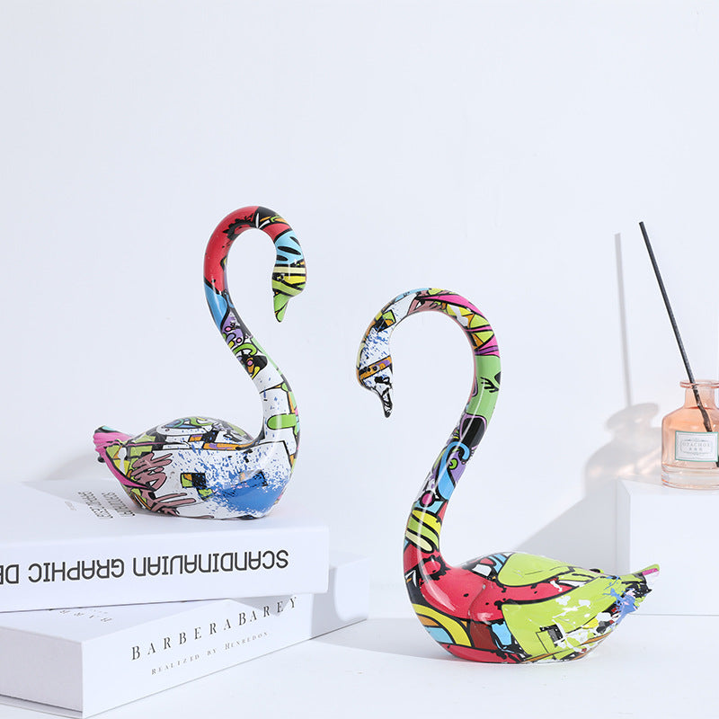 Resin Colorful Couple Swan Sculpture - A Set - HOMYEA