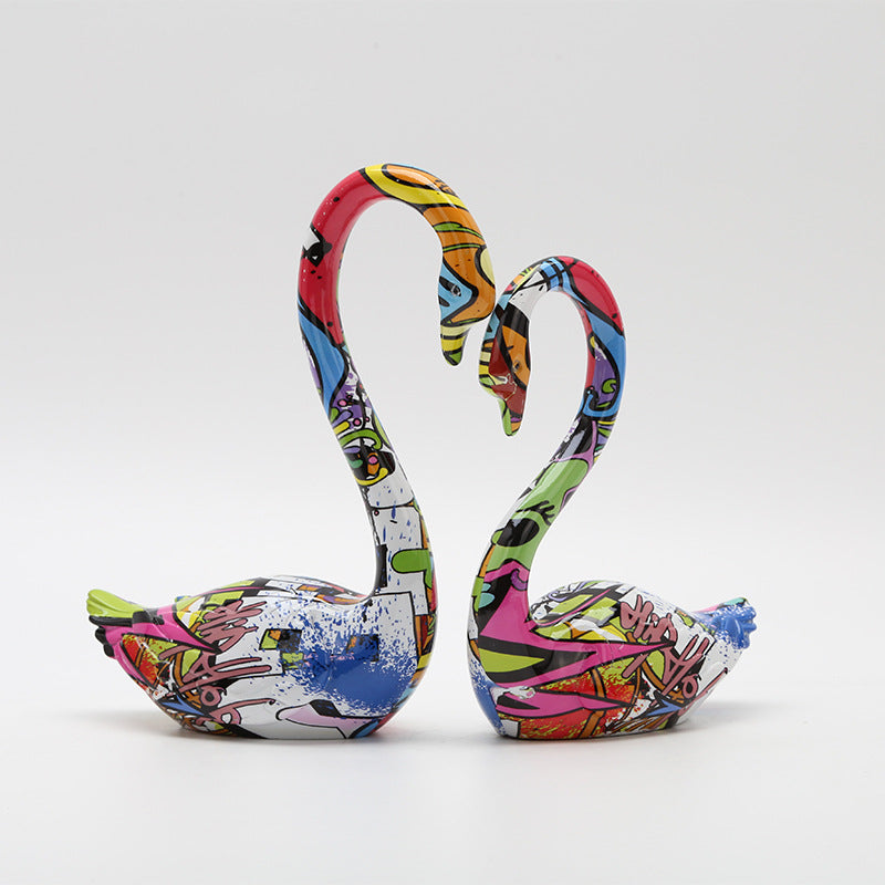 Resin Colorful Couple Swan Sculpture - A Set - HOMYEA