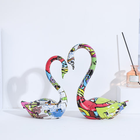 Resin Colorful Couple Swan Sculpture - A Set - HOMYEA