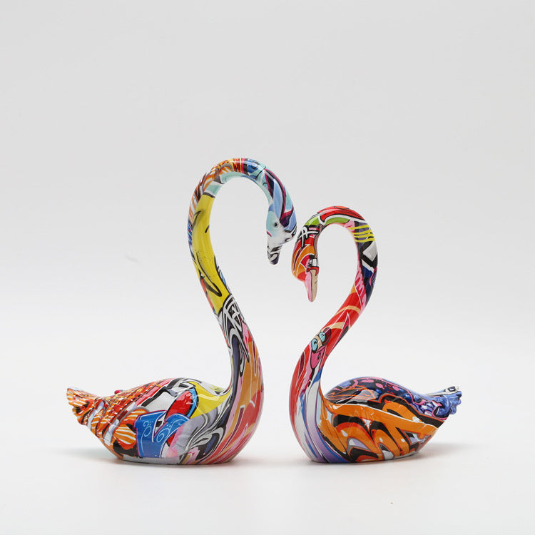 Resin Colorful Couple Swan Sculpture - A Set - HOMYEA